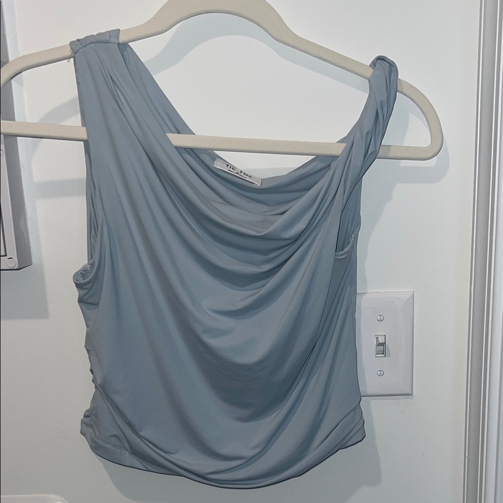 Elegant Blue Draped One-Shoulder Blouse